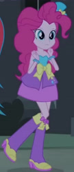 Size: 1920x4460 | Tagged: safe, screencap, pinkie pie, rainbow dash, equestria girls, g4, my little pony equestria girls, bare shoulders, boots, canterlot high, cropped, fall formal outfits, female, night, offscreen character, shoes, sleeveless, solo focus, strapless
