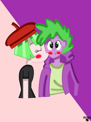 Size: 2448x3264 | Tagged: artist needed, source needed, safe, spike, watermelody, human, equestria girls, g4, beret, blushing, cheek kiss, duo, hat, high res, human spike, kissing, shipping, spike gets all the equestria girls, waterspike