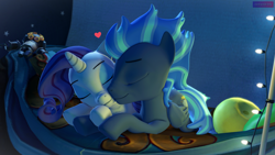 Size: 3819x2160 | Tagged: safe, artist:antonsfms, rarity, oc, oc:silver sparkle, pegasus, pony, unicorn, g4, 3d, bed, bedroom, cheek kiss, christmas, christmas lights, commission, cute, floating heart, folded wings, heart, high res, holiday, hooves, kissing, makeup, night, pegasus oc, pillow, pony oc, sleeping, snuggling, source filmmaker, wings