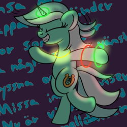 Size: 2000x2000 | Tagged: safe, artist:dafiltafish, lyra heartstrings, pony, unicorn, g4, bipedal, caramelldansen, dancing, eyes closed, female, glowstick, grin, high res, lyrics, mare, smiling, solo, text