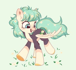 Size: 873x802 | Tagged: safe, artist:melodylibris, oc, oc only, pegasus, pony, daisy (flower), flower, flower in hair, flower in tail, freckles, solo, spread wings, tail, wings