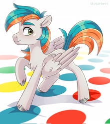 Size: 1811x2048 | Tagged: safe, artist:skysorbett, oc, oc only, oc:twister joy, pegasus, pony, chest fluff, ear fluff, eyebrows, folded wings, hooves, looking back, pegasus oc, raised hoof, signature, smiling, solo, standing, tail, twister, two toned mane, two toned tail, unshorn fetlocks, wing fluff, wings