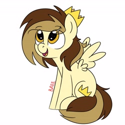 Size: 4096x4096 | Tagged: safe, artist:breebree, oc, oc only, oc:prince whateverer, pegasus, pony, absurd resolution, crown, eye clipping through hair, eyebrows, eyebrows visible through hair, full body, happy, hooves, jewelry, open mouth, open smile, pegasus oc, regalia, signature, simple background, sitting, smiling, solo, spread wings, tail, two toned mane, two toned tail, white background, wings, yellow eyes