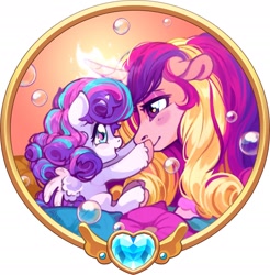 Size: 1978x2012 | Tagged: safe, artist:spirit-alu, princess cadance, princess flurry heart, alicorn, pony, g4, bubble, cute, cutedance, duo, duo female, female, filly, flurrybetes, foal, glowing, glowing horn, happy, horn, magic, mama cadence, mare, mother and child, mother and daughter, smiling, spread wings, unshorn fetlocks, wings