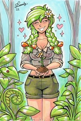 Size: 1802x2692 | Tagged: safe, artist:dandy, oc, oc only, oc:sylvia evergreen, human, insect, ladybug, bow, braid, clothes, copic, daisy (flower), female, flower, flower in hair, freckles, grin, hair bow, happy, heart, humanized, humanized oc, midriff, plant, plants, shirt, shorts, smiling, solo, sparkles, traditional art