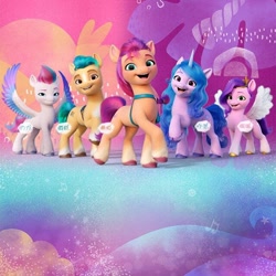 Size: 640x640 | Tagged: safe, hitch trailblazer, izzy moonbow, pipp petals, sunny starscout, zipp storm, earth pony, pegasus, pony, unicorn, g5, my little pony: a new generation, official, 2d, 3d, china, chinese, coat markings, colored wings, colorful, female, happy, header, hooves, horn, looking at you, male, mane five, mare, open mouth, open smile, rainbow, raised hoof, smiling, smiling at you, social media, socks (coat markings), spread wings, stallion, standing, unshorn fetlocks, weibo, wings