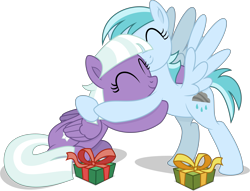 Size: 5265x4014 | Tagged: safe, artist:starcollider, appointed rounds, rainy day, pegasus, pony, g4, .svg available, ^^, absurd resolution, background pony, duo, duo female, eyes closed, female, folded wings, hug, lesbian, mare, present, rainy rounds, shadow, shipping, simple background, sitting, smiling, spread wings, svg, tail, transparent background, two toned mane, two toned tail, vector, wings