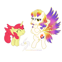 Size: 1200x1200 | Tagged: safe, artist:galeemlightseraphim, apple bloom, oc, oc:galeem light, alicorn, pony, g4, ^^, alicorn oc, alicornified, bloomicorn, chest fluff, crossed arms, crossed hooves, duo, ethereal mane, eyelashes, eyes closed, female, filly, foal, grin, hooves, horn, mare, race swap, simple background, smiling, spread wings, starry mane, the cmc's cutie marks, transparent background, wings, yellow eyes