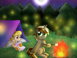 Size: 1600x1200 | Tagged: safe, artist:kaikururu, oc, oc only, firefly (insect), insect, pegasus, pony, unicorn, campfire, commission, duo, fire, food, full moon, hoof hold, horn, marshmallow, moon, pegasus oc, roasted marshmallow, smiling, stars, tree, unicorn oc, wings, ych result