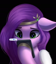Size: 1700x1944 | Tagged: safe, artist:delta hronum, pipp petals, pegasus, pony, g5, my little pony: a new generation, black background, cellphone, female, floppy ears, headband, like, mare, phone, retweet, sad, simple background, solo