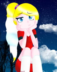 Size: 660x830 | Tagged: safe, artist:yulianapie26, oc, oc only, equestria girls, g4, bored, clothes, female, night, sitting, solo, stars, tree