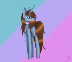 Size: 2628x2283 | Tagged: safe, artist:maneblue, oc, oc only, pony, unicorn, abstract background, choker, full body, high res, hooves, horn, long horn, signature, solo, standing, unicorn oc