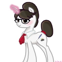 Size: 994x1000 | Tagged: safe, artist:mentik, raven, pony, unicorn, blushing, brown eyes, female, glasses, glowing, glowing horn, hair bun, hooves, horn, looking at you, magic, mare, necktie, ravenbetes, signature, simple background, smiling, solo, standing, white background
