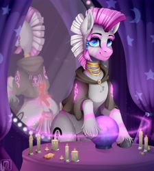 Size: 3687x4096 | Tagged: safe, artist:buvanybu, oc, oc:chifundo, hybrid, zony, fallout equestria, fallout equestria: dead tree, candle, card, cloak, clothes, commission, crystal ball, enchanted, eyes in the dark, gold, intersex, mirror, pink stripes, shaman, solo, spirit of lust