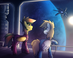 Size: 1920x1536 | Tagged: safe, artist:magicstarfriends, oc, oc only, oc:cutting chipset, oc:dual screen, pegasus, pony, augmented, bodysuit, clothes, duo, female, looking at someone, male, planet, space, space station, spaceship, spacesuit, stars, window