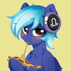Size: 1600x1600 | Tagged: artist needed, safe, oc, oc only, oc:moonlight drop, pegasus, pony, blushing, chest fluff, eating, food, green eyes, headphones, hoof hold, male, outline, pegasus oc, pizza, shading, simple background, solo, stallion, white outline, yellow background