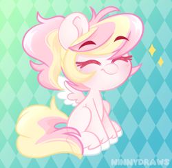 Size: 2432x2383 | Tagged: safe, artist:ninnydraws, oc, oc only, oc:ninny, pegasus, pony, blank flank, blushing, eyebrows, eyebrows visible through hair, eyes closed, female, filly, foal, high res, pegasus oc, ponytail, simple background, sitting, smiling, solo, spread wings, wings