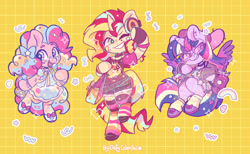 Size: 3072x1897 | Tagged: safe, artist:oofycolorful, daybreaker, pinkie pie, spike, sunset shimmer, twilight sparkle, alicorn, earth pony, unicorn, semi-anthro, g4, arm hooves, bipedal, clothes, cute, decora, dress, harajuku, heart, heart eyes, leg warmers, one eye closed, skirt, smiling, socks, sparkly eyes, starry eyes, twilight sparkle (alicorn), watermark, wingding eyes, wink