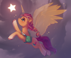 Size: 2450x2000 | Tagged: safe, artist:anku, sunny starscout, alicorn, pony, g5, my little pony: a new generation, alicornified, artificial horn, artificial wings, augmented, bag, braid, coat markings, female, fluttershy's cutie mark, flying, high res, horn, magic, magic horn, magic wings, mane stripe sunny, mare, namesake, pun, race swap, rainbow dash's cutie mark, socks (coat markings), solo, stars, sunny's bag, sunnycorn, tangible heavenly object, twilight sparkle's cutie mark, unshorn fetlocks, visual pun, wings