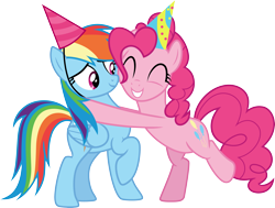 Size: 3973x3000 | Tagged: safe, artist:cloudy glow, pinkie pie, rainbow dash, earth pony, pegasus, pony, g4, secrets and pies, .ai available, ^^, bipedal, duo, duo female, eyes closed, female, folded wings, grin, hat, high res, hooves, hug, mare, party, party hat, pink mane, pink tail, raised hoof, simple background, smiling, standing, tail, transparent background, vector, wings