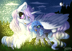 Size: 4093x2894 | Tagged: safe, artist:julunis14, princess celestia, princess luna, alicorn, firefly (insect), insect, pony, g4, amazed, blank flank, canterlot, cewestia, cute, digital art, female, filly, filly luna, floppy ears, foal, lunabetes, moon, night, pink hair, pink-mane celestia, woona, younger