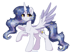 Size: 3324x2480 | Tagged: safe, artist:cherry_kotya, oc, oc only, oc:princess medley resonance, alicorn, pony, chest fluff, ear fluff, high res, horn, looking at you, notes, smiling, solo, spread wings, wings