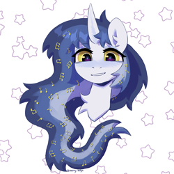 Size: 2000x2000 | Tagged: safe, artist:kotya, oc, oc only, oc:princess medley resonance, pony, chest fluff, ear fluff, high res, horn, looking at you, notes, smiling, smiling at you, solo, stars