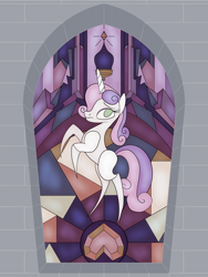 Size: 2400x3200 | Tagged: safe, artist:sixes&sevens, sweetie belle, pony, unicorn, fanfic:fall of empire, g4, balcony, crystal, crystal empire, dark sky, fanfic, fanfic art, fanfic cover, female, high res, rearing, solo, stained glass