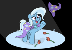 Size: 1971x1387 | Tagged: safe, artist:doodledonutart, trixie, pony, unicorn, g4, brooch, cape, clothes, cute, diatrixes, eyelashes, female, flower, happy, hat, horn, jewelry, mare, open mouth, open smile, raised hoof, rose, smiling, solo, stage light, tail, trixie's brooch, trixie's cape, trixie's hat