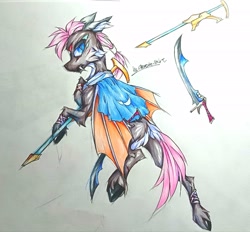 Size: 2933x2723 | Tagged: safe, artist:creature.exist, oc, oc only, bat pony, pony, band, bandage, chest fluff, ear fluff, gun, high res, knife, photo, scar, solo, traditional art, weapon