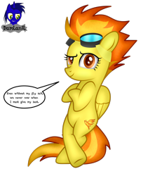 Size: 3840x4154 | Tagged: safe, alternate version, artist:damlanil, spitfire, pegasus, pony, bipedal, bipedal leaning, comic, cool, crossed hooves, crossed legs, female, folded wings, goggles, high res, leaning, looking at you, mare, misspelling, raised eyebrow, show accurate, signature, simple background, solo, speech bubble, standing on two hooves, talking to viewer, text, transparent background, vector, wings