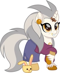 Size: 735x891 | Tagged: safe, artist:lacasabuho_clud, pony, unicorn, bunny slippers, clothes, cuffs (clothes), ear piercing, earring, edalyn clawthorne, gem, gold tooth, horn, horn ring, jewelry, movie accurate, nightgown, owlbert, palisman, piercing, ponified, ring, slippers, sweater, the owl house, witch, witch pony