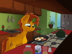 Size: 2068x1560 | Tagged: safe, artist:agent-diego, oc, oc only, oc:agent diego, pony, unicorn, egg (food), flower, food, frying pan, jar, kettle, kitchen, male, meat, milk, pickle, plant, potted plant, refrigerator, salt, sausage, sink, stallion, window