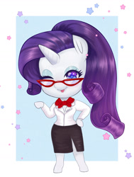 Size: 1280x1691 | Tagged: safe, artist:darkadraws, rarity, unicorn, anthro, semi-anthro, unguligrade anthro, g4, arm hooves, blouse, bowtie, chibi, clothes, commission, female, glasses, looking at you, one eye closed, rarity's glasses, side slit, skirt, solo