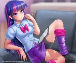 Size: 1300x1072 | Tagged: safe, artist:racoonsan, twilight sparkle, human, equestria girls, bike shorts, breasts, clipboard, clothes, compression shorts, couch, cute, equestria girls outfit, grin, humanized, leg warmers, legs, looking at you, nail polish, pencil, reasonably sized breasts, reclining, shoes, skirt, small breasts, smiling, solo, tight clothing, twiabetes