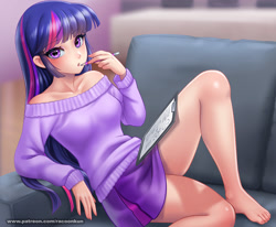 Size: 1300x1072 | Tagged: safe, alternate version, artist:racoonsan, twilight sparkle, human, bare shoulders, barefoot, breasts, clipboard, clothes, couch, feet, humanized, legs, looking at you, nail polish, pencil, reasonably sized breasts, reclining, skirt, small breasts, solo, sweater