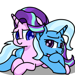 Size: 2000x2000 | Tagged: safe, artist:exoticeon, starlight glimmer, trixie, pony, unicorn, g4, duo, duo female, female, high res, lesbian, lying down, mare, prone, ship:startrix, shipping, simple background, smiling, transparent background
