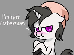 Size: 2724x2000 | Tagged: safe, artist:exoticeon, oc, oc only, oc:spooky, pony, unicorn, :t, blushing, colored pupils, colt, dialogue, ears back, foal, gray background, gray mane, high res, hooves, horn, i'm not cute, male, scrunchy face, shading, simple background, solo, unicorn oc