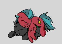 Size: 2820x2000 | Tagged: safe, artist:exoticeon, oc, oc only, oc:collette, oc:dovah, changeling, pegasus, pony, changeling oc, duo, eyes closed, gray background, high res, hug, male, pegasus oc, simple background