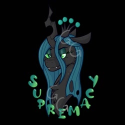 Size: 1500x1500 | Tagged: safe, artist:gremlingraveyard, queen chrysalis, changeling, changeling queen, g4, black background, bust, chest fluff, crown, female, jewelry, regalia, simple background, solo