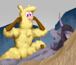 Size: 3500x3000 | Tagged: safe, artist:suule, oleander (tfh), paprika (tfh), alpaca, pony, unicorn, them's fightin' herds, aftermath, bruised, cloven hooves, commission, community related, defeated, eyes closed, game over, high res, invincible, lying down, meme, open mouth, think mark, tongue out, unconscious