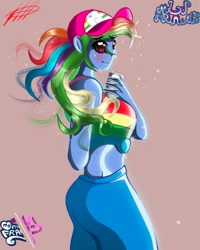 Size: 1080x1350 | Tagged: safe, artist:mlp-france-yt, rainbow dash, equestria girls, g4, alcohol, blushing, clothes, female, midriff, simple background, solo