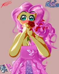 Size: 1080x1350 | Tagged: safe, artist:mlp-france-yt, fluttershy, equestria girls, g4, blushing, breasts, cleavage, clothes, dress, female, flower, rose, simple background, solo