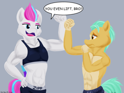 Size: 2400x1800 | Tagged: safe, artist:rockhoppr3, hitch trailblazer, zipp storm, earth pony, pegasus, anthro, g5, my little pony: a new generation, abs, clothes, do you even lift, duo, female, flexing, folded wings, hitchabuse, male, meme, muscles, muscular female, muscular male, partial nudity, ripped zipp, sad hitch, shorts, speech bubble, sports bra, sports shorts, toned, toned female, topless, wings