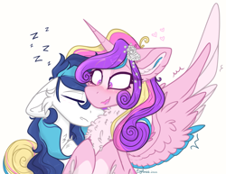 Size: 2079x1609 | Tagged: safe, artist:tizhonolulu, princess cadance, shining armor, alicorn, pony, unicorn, g4, blushing, chest fluff, duo, female, floppy ears, flower, flower in hair, heart, horn, male, mare, multicolored mane, onomatopoeia, pale belly, ship:shiningcadance, shipping, signature, simple background, sleeping, sound effects, spread wings, stallion, straight, two toned mane, wavy mouth, white background, wingboner, wings, zzz