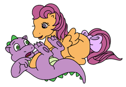 Size: 555x387 | Tagged: safe, artist:mattiedrawsponies, scootaloo, spike, dragon, pegasus, pony, g1, g4, baby, baby dragon, blank flank, bow, caught, colored, cute, cutealoo, duo, female, filly, foal, g4 to g1, generation leap, male, open mouth, open smile, ship:scootaspike, shipping, shocked, simple background, smiling, spikabetes, straight, tail, tail bow, talking, transparent background, vector