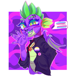 Size: 855x855 | Tagged: safe, artist:onionpwder, spike, dragon, g4, anarchy, clothes, eyebrow piercing, female, female symbol, gender headcanon, hand in pocket, headcanon, jacket, lgbt headcanon, looking at you, nonbinary, nonbinary pride flag, nonbinary spike, open mouth, open smile, piercing, pin, pride, pride flag, pride flag pin, smiling, smiling at you, solo, speech bubble, trans female, transgender, transgender pride flag, wings