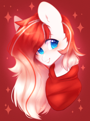 Size: 676x903 | Tagged: safe, artist:babiiclouds, artist:cofiiclouds, oc, oc only, oc:making amends, pegasus, pony, blue eyes, blushing, bust, clothes, looking at you, patreon, patreon reward, pegasus oc, red background, simple background, smiling, smiling at you, solo, sparkles, white coat