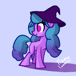 Size: 2500x2500 | Tagged: safe, artist:llamalauncher, izzy moonbow, pony, unicorn, g5, my little pony: a new generation, blue background, female, hat, high res, simple background, solo, witch hat