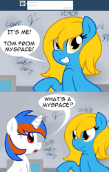 Size: 1280x2030 | Tagged: safe, artist:furrgroup, oc, oc only, oc:internet explorer, oc:safari, earth pony, pony, unicorn, ask internet explorer, 2 panel comic, ask, browser ponies, comic, dialogue, duo, duo female, earth pony oc, eye contact, female, grin, hooves, horn, internet explorer, looking at each other, looking at someone, mare, myspace, raised hoof, smiling, speech bubble, two toned mane, unicorn oc, yellow mane